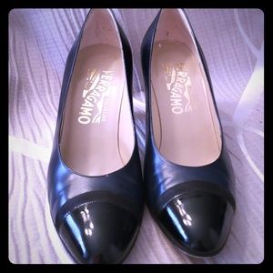 Navy blue leather ferragamo pumps